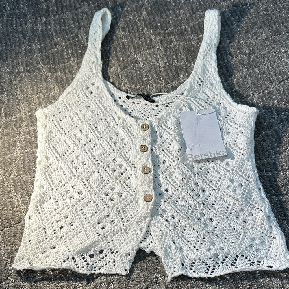 Bershka Cream Crochet Buttoned Tank Top